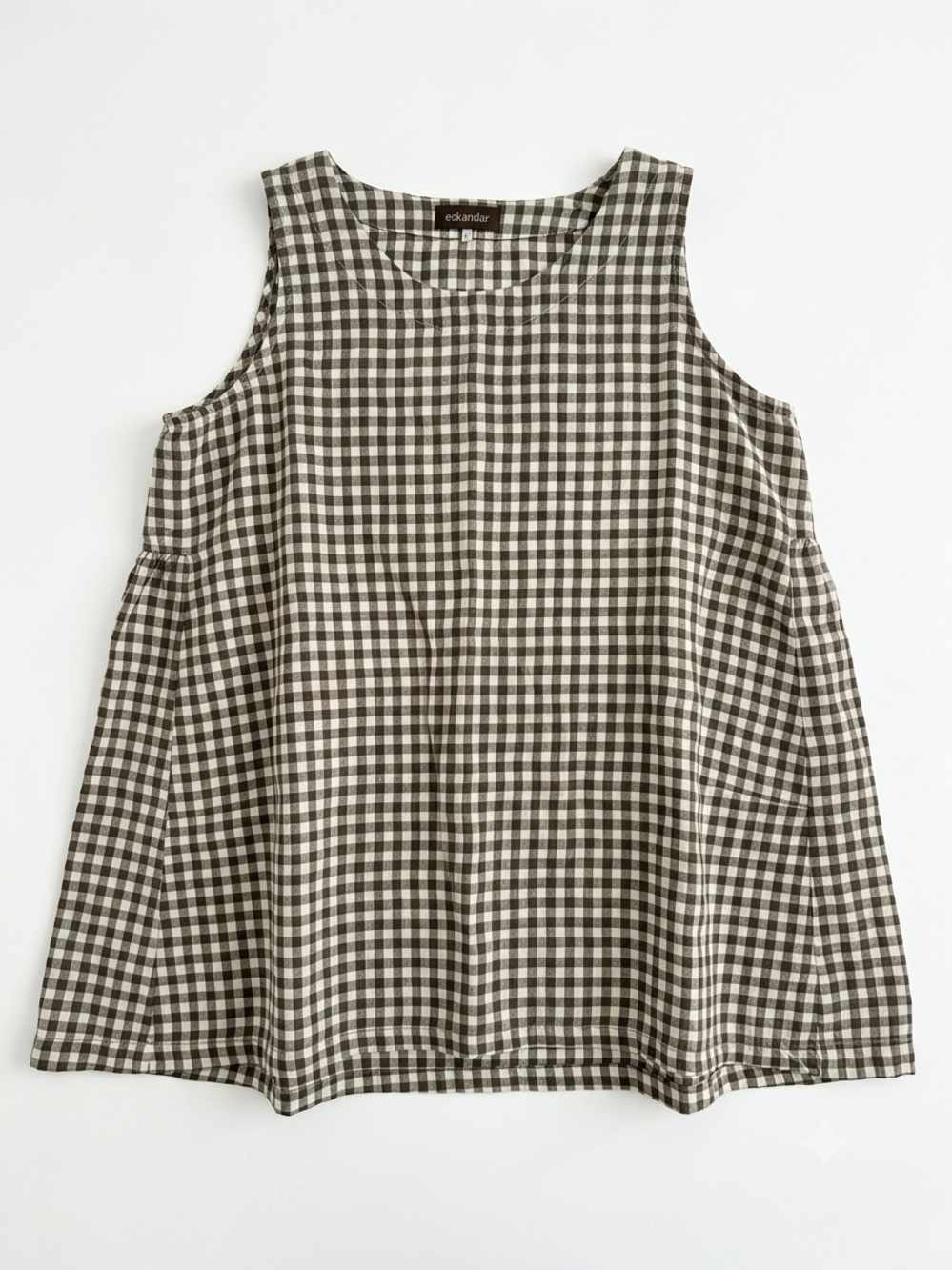 Eskandar Gingham Sleeveless Swing Top - Olive Green /White